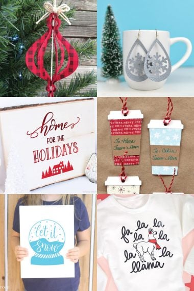 Images of six projects to make for Christmas which includes earrings, ornament, signs and a t-shirt