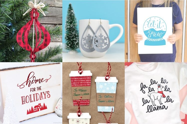 Images of six projects to make for Christmas which includes earrings, ornament, signs and a t-shirt