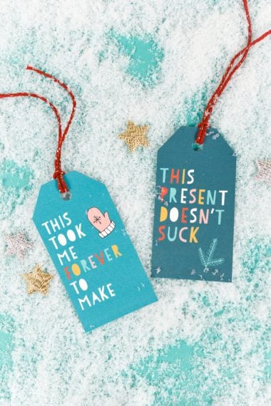 Christmas gift tags that say, "This Took Me Forever to Make" and "This Present Doesn't Suck"