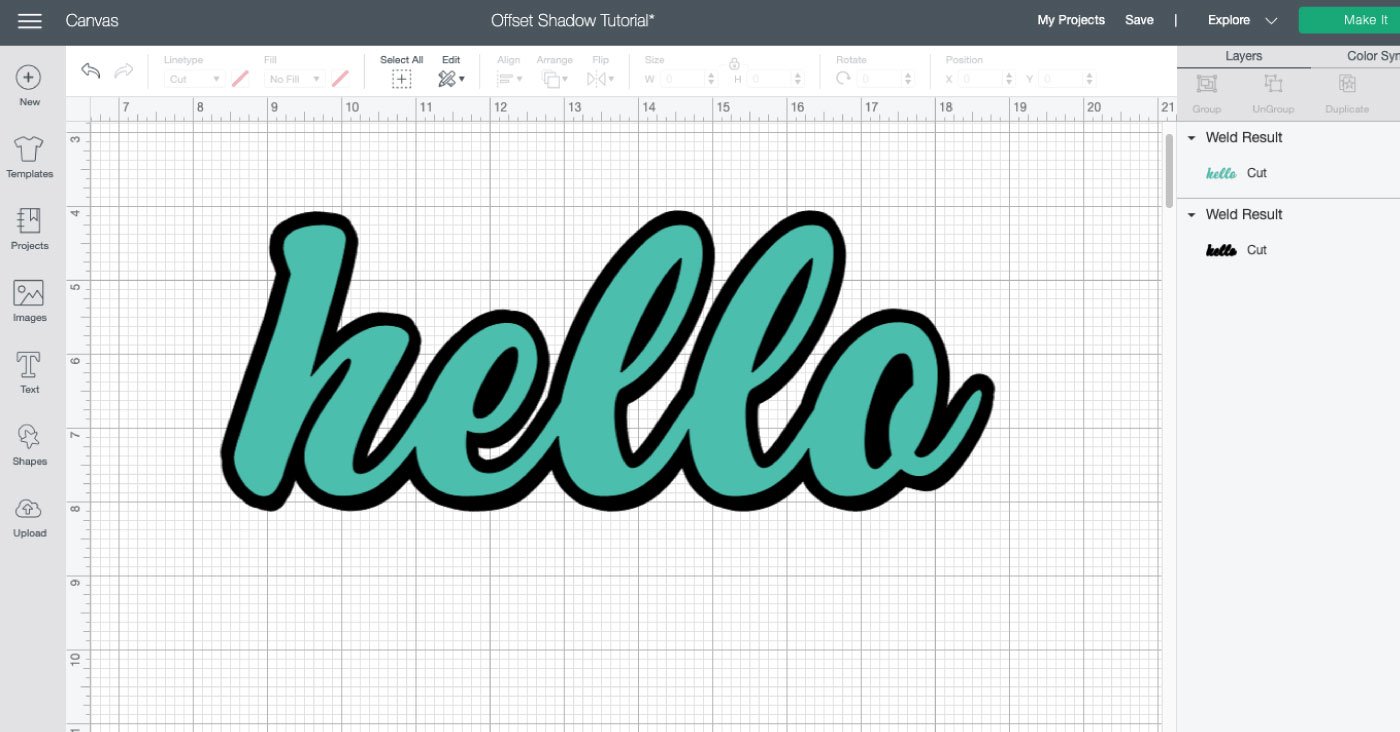 Cricut Design Space: Final project, HELLO with outline behind it