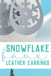 Close up of a pair of snowflake design earrings with advertising from HEYLETSMAKESTUFF.COM for snowflake faux leather earrings