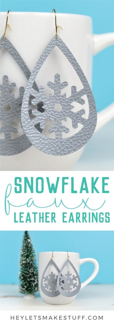 Close up of a pair of snowflake design earrings with advertising from HEYLETSMAKESTUFF.COM for snowflake faux leather earrings