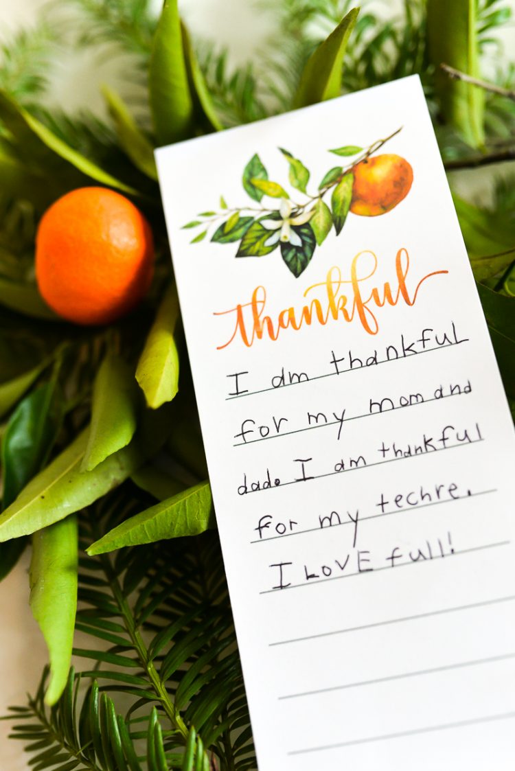 A piece of paper with the word Thankful on it, leaning up against some greenery and an orange