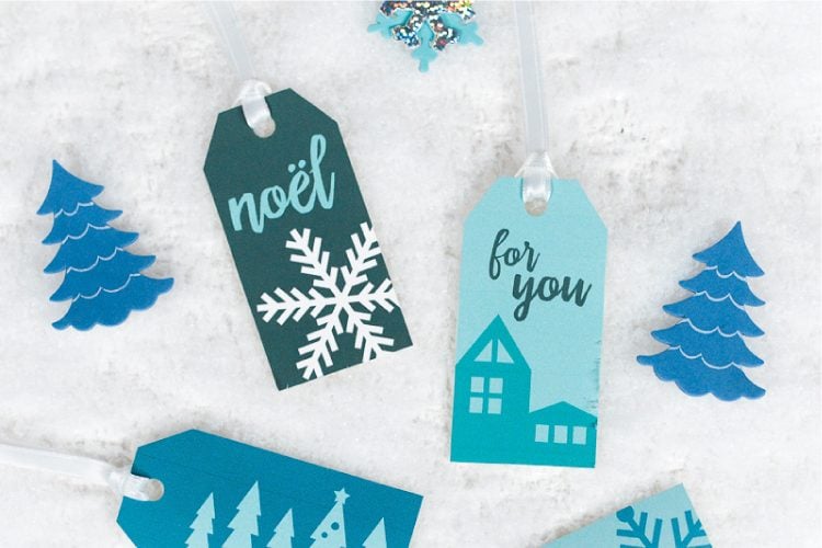 Close up of winter themed gift tags