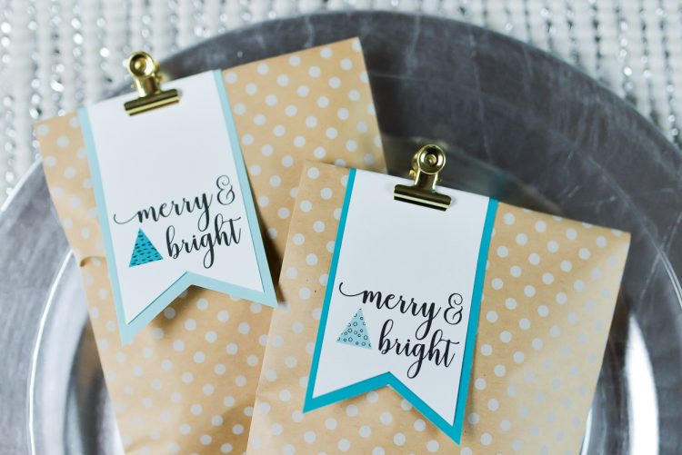 A plate on a placemat that is holding two small bags with a tag clipped to them that says, \"Merry & Bright\"