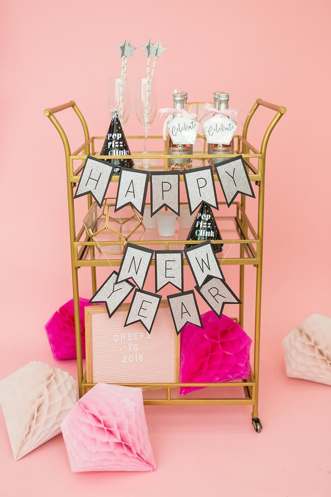 New Year\'s Eve party decor for a bar cart