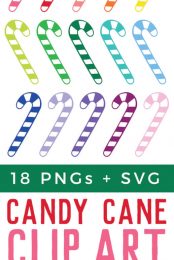 Images of colorful candy canes with advertising from HEYLETSMAKESTUFF.COM for 18 png and svg candy cane clipart and cut files
