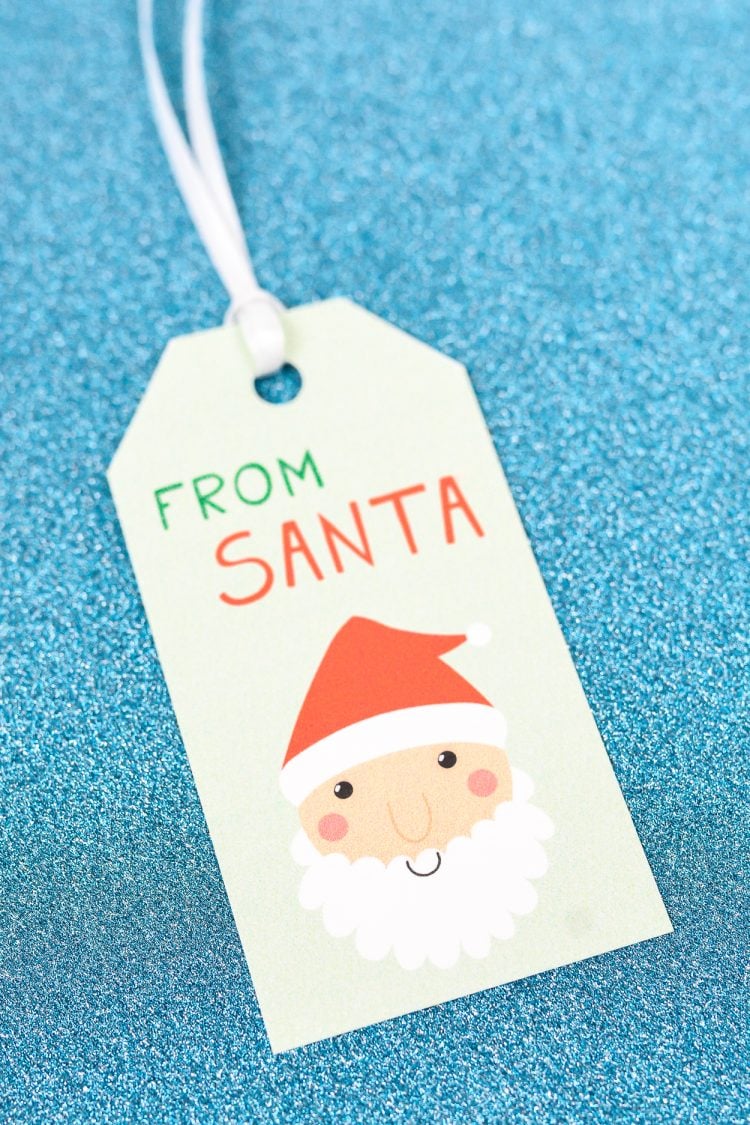 Close up of a Christmas gift tag that says, \"From Santa\"