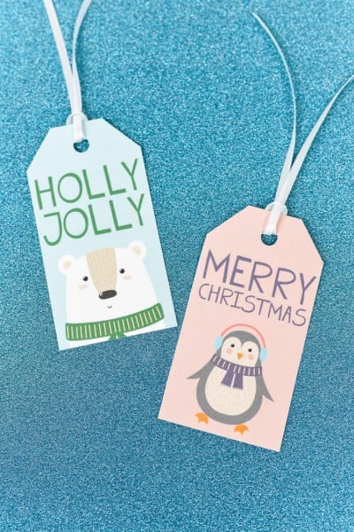 Close up of two Christmas gift tags that say, "Merry Christmas" and "Holly Jolly"