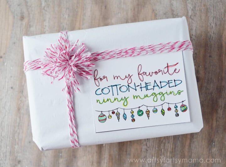 A wrapped present with a gift tag that says, \"For My Favorite Cotton-Headed Ninny Muggins\"