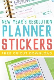 A pen and a planner with advertising text for Free Cricut Download of New Year's Resolution Planner Stickers from HEYLETSMAKESTUFF.COM