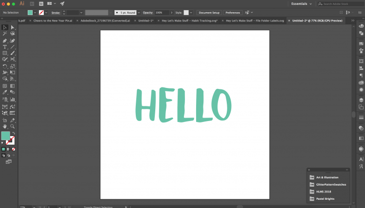 Image of a \"Hello\" design in Adobe Illustrator