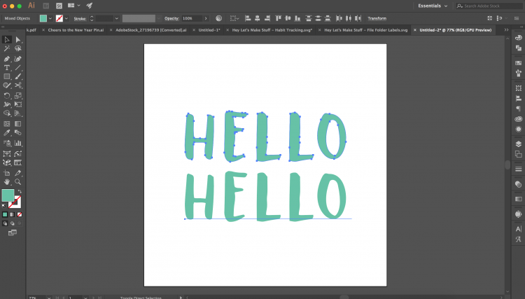 Image of a \"Hello\" design in Adobe Illustrator