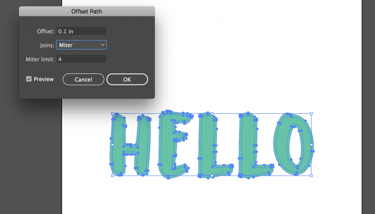 Image of a \"Hello\" design in Adobe Illustrator using the Offset Path tool