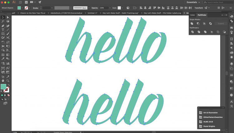 Image of a \"Hello\" design in Adobe Illustrator