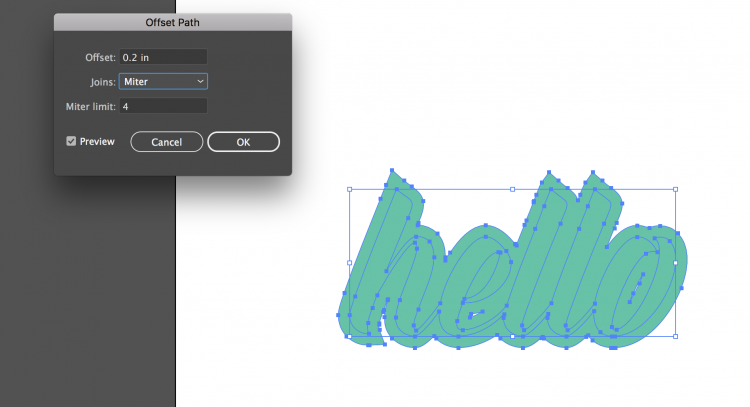 Image of a \"Hello\" design in Adobe Illustrator using the Offset Path tool