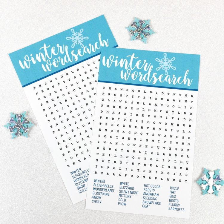 Decorative snowflake decor sitting by two Winter Wordsearch puzzles