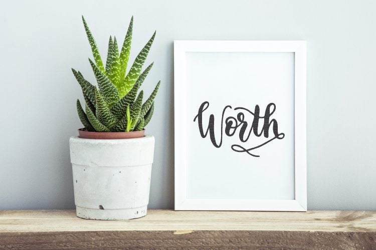 A plant sitting on a table next to a sign with a white frame and the sign says, \"Worth\"