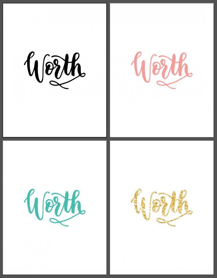 The word \"Worth\" in four different colors, black, pink, aqua and gold