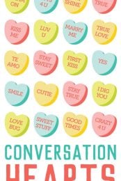 Images of Valentine conversation hearts with advertising from HEYLETSMAKESTUFF.COM for conversation hearts cut files