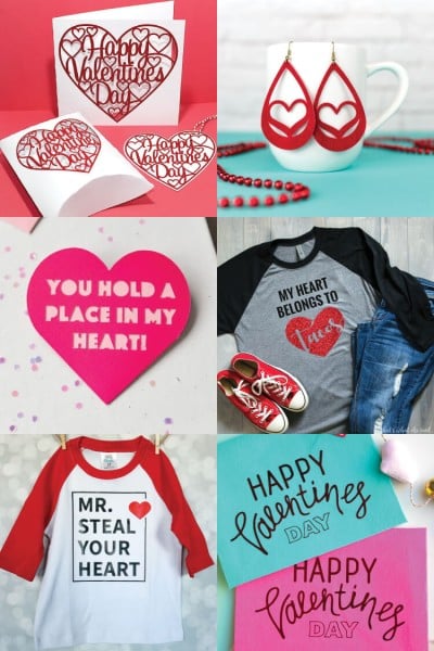 Valentine's Day projects with designs on paper, earrings and shirts