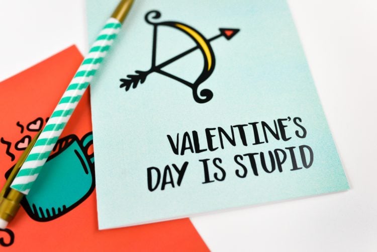 A close up of a pen and a greeting card that says, \"Valentine\'s Day is Stupid\"