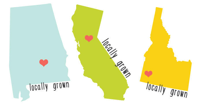 Images of states with the saying \"Locally Grown\" on them
