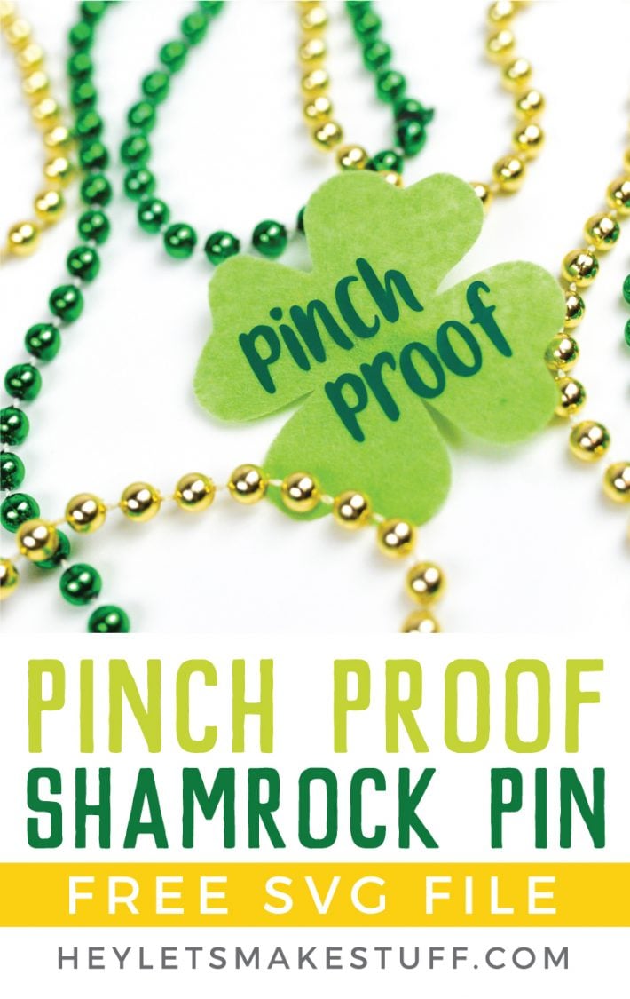 A close up of Gold and green colored beads on a table next to a green shamrock that says, \"Pinch Proof\" with advertising from HEYLETSMAKESTUFF.COM for a Pinch Proof Shamrock Pin