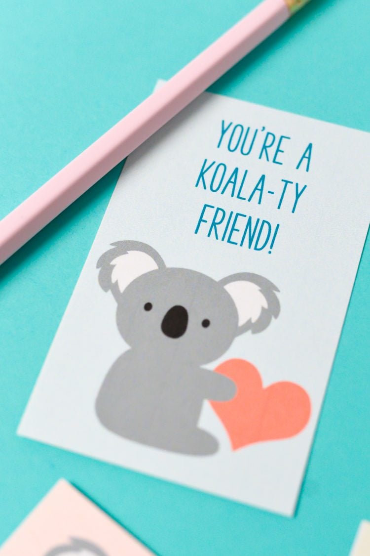 A close up of a Koala Valentine card that says, \"You\'re a Koala-ty Friend\"