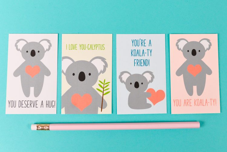 Print these four adorable Koala Valentines with this free download! A cute Valentine for friends and classmates!