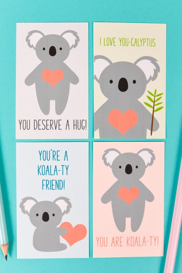 Close up of Koala Valentine cards that say, \"I Love You-Calyptus\", \"You\'re a Koala-ty Friend\", \"You Deserve a Hug\" and \"You Are Koala-ty\"