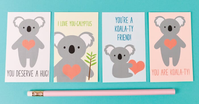 Koala Valentine cards that say, \"I Love You-Calyptus\", \"You\'re a Koala-ty Friend\", \"You Deserve a Hug\" and \"You Are Koala-ty\"