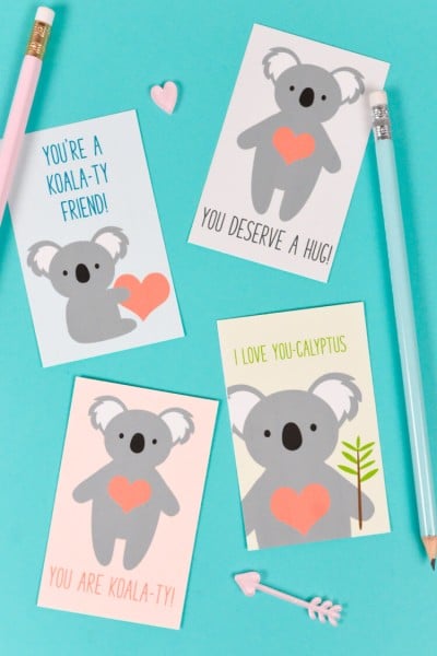 Print these four adorable Koala Valentines with this free download! A cute Valentine for friends and classmates!