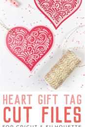 A roll of twine and two small clothespins next to two hearts cut out of paper with advertising for Heart Gift Tag Cut Files for Cricut and Silhouette from HEYLETSMAKESTUFF.COM