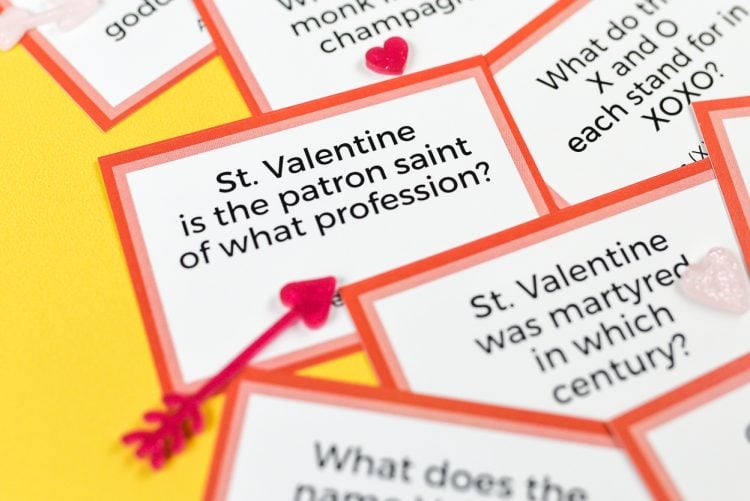 Close up of Valentine\'s Day trivia cards