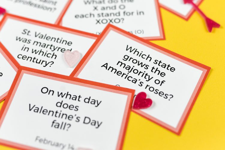 Close up of Valentine\'s Day trivia cards