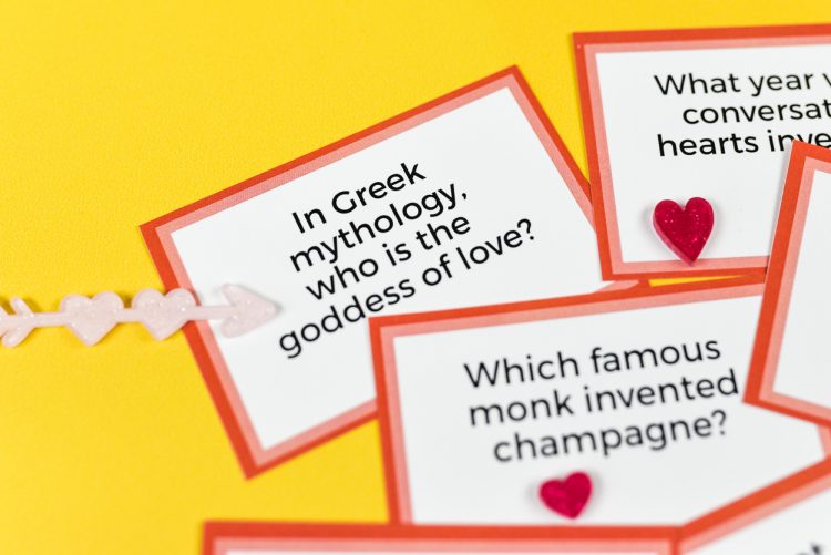 Close up of Valentine\'s Day trivia cards