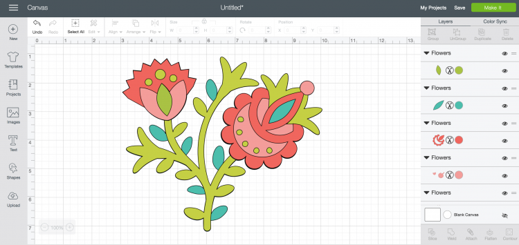 Image of a cut file in Cricut Design Space of a grouping of flowers