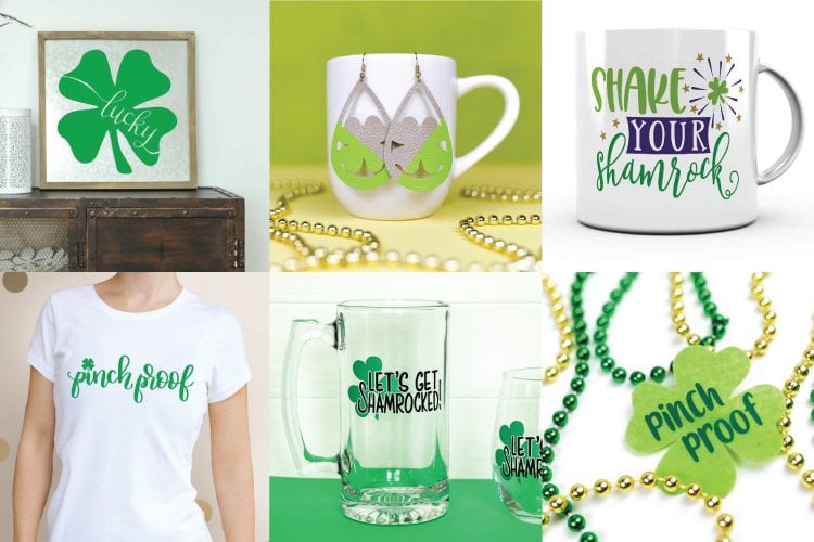 Collage of free SVGs St. Patrick's Day projects including mugs, tees, signs, and earrings.