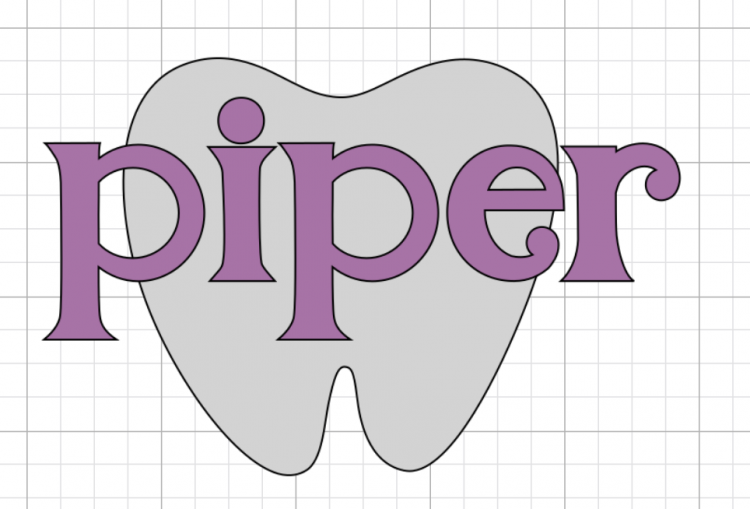 Close up of an image of a tooth file in Cricut Design Space and text with the name \'Piper\"