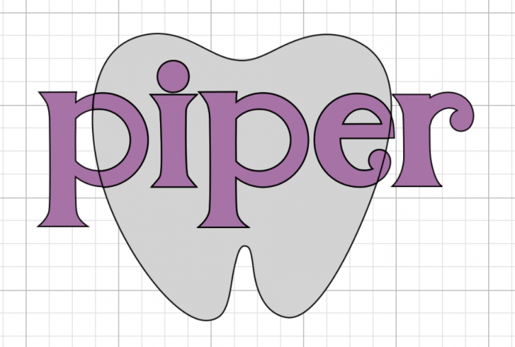 Close up of an image of a tooth file in Cricut Design Space and text with the name \'Piper\"