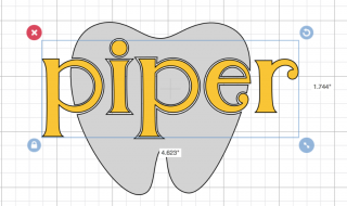 Close up of an image of a tooth file in Cricut Design Space and text with the name 'Piper"