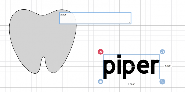 Image of a tooth file in Cricut Design Space and text with the name \'Piper\"