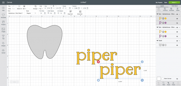 Image of a tooth file in Cricut Design Space and text with the name \'Piper\"