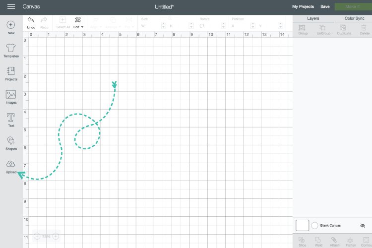 An image in Cricut Design Space of an arrow pointing to the \"Upload\" button