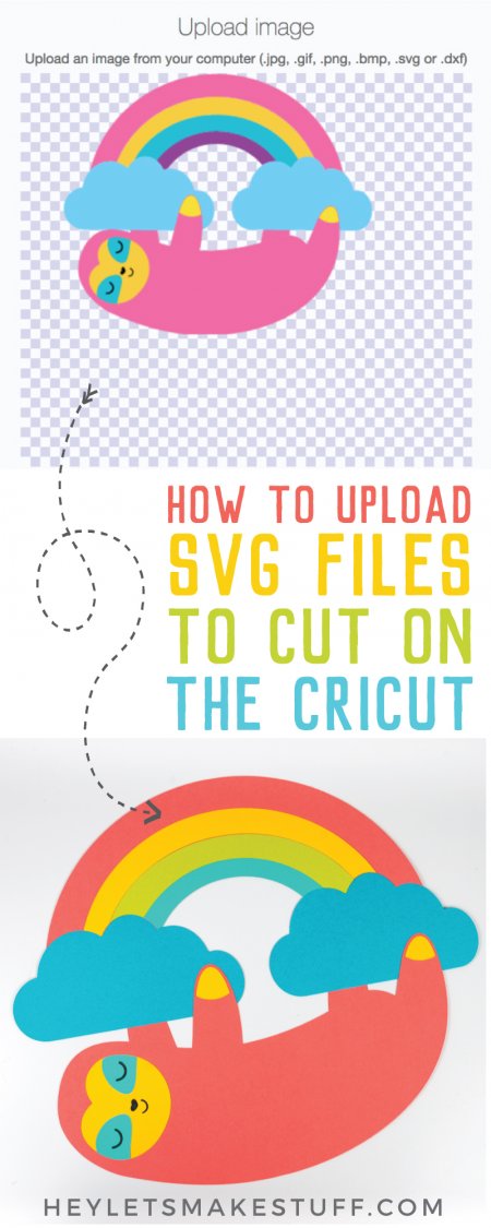 An uploaded image in Cricut Design Space of a sloth hanging on to clouds and a rainbow and advertising from HEYLETSMAKESTUFF.COM on How to Upload SVG Files to Cut on the Cricut