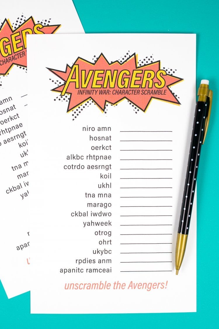 Close up of a pen next to two printed Avengers Infinity War: Character Scramble papers