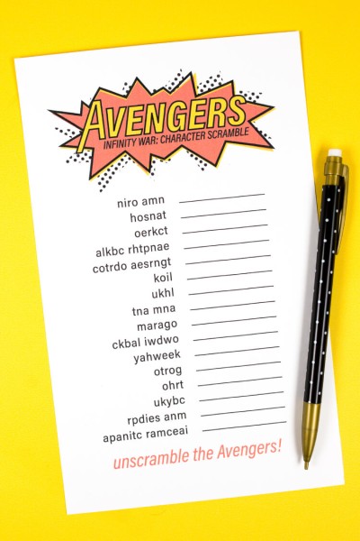 A pen next to a printed Avengers Infinity War: Character Scramble