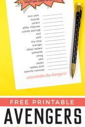 A pen next to a printed Avengers Infinity War: Character Scramble papers with advertising for a free printable Avengers Infinity War: Character Scramble from HEYLETSMAKESTUFF.COM