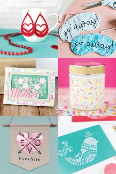 Craft idea to make for Mother's Day include earrings, cards, a decorated candle, sleeping eye masks and a banner.